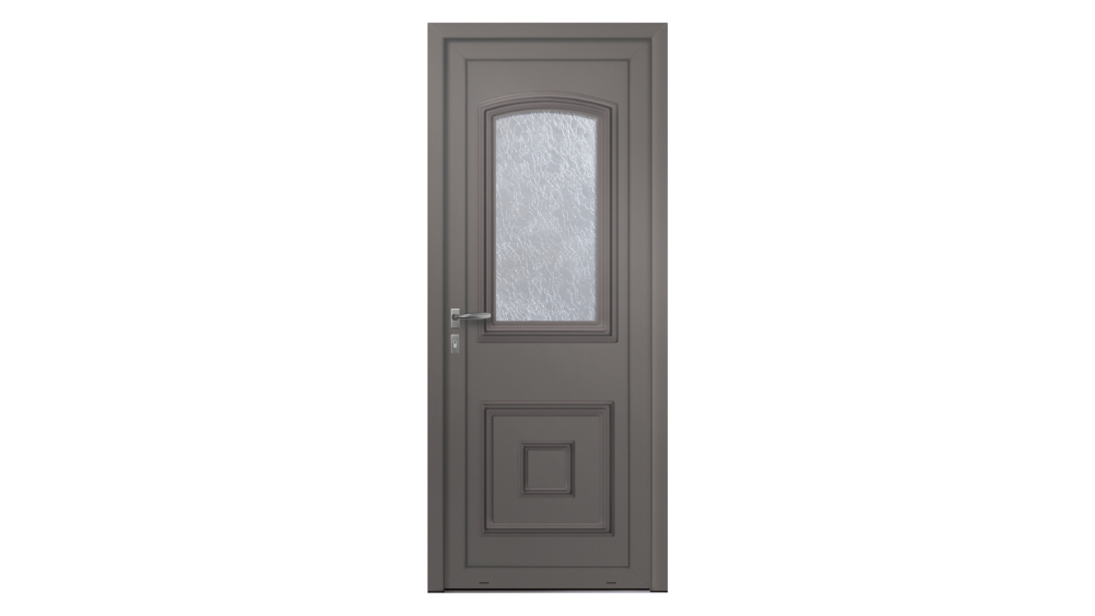 Porte d'entrée aluminium BRECY Porte d'entrée grise avec une partie vitrée prenant la moitié de la porte depuis la partie haute